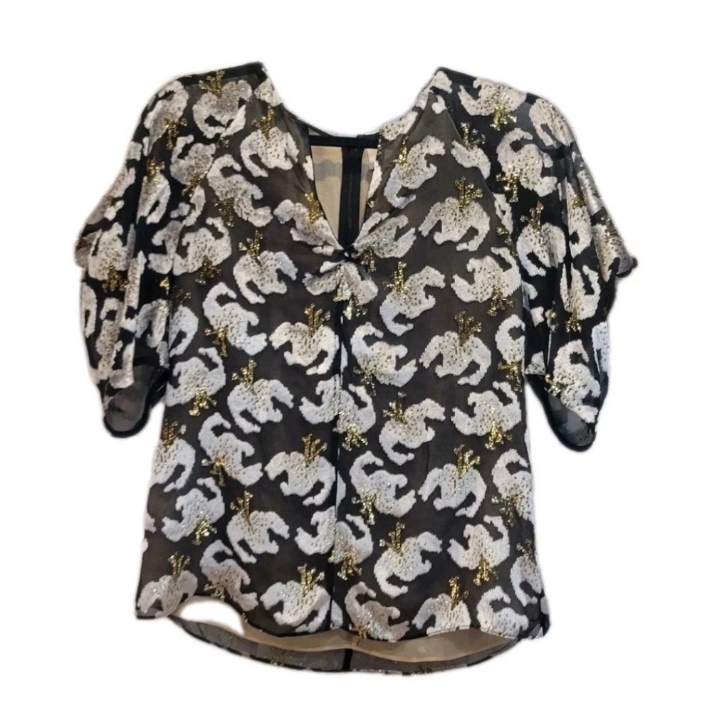 Erdem Size 6 Black Viscos, Lurex, Silk Floral Elegant Black and Gold Women's Top